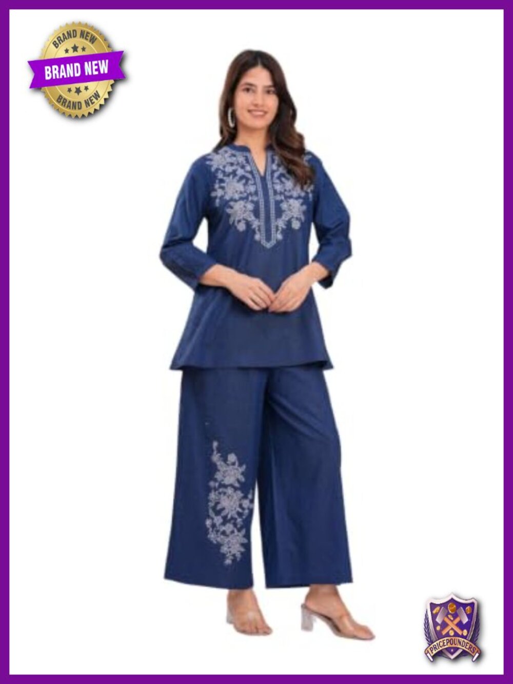 Women's Denim Cotton 2 Piece Tunic Top Wide Leg Pants Set